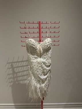 Pearl-Embellished White Feathered Party Dress by